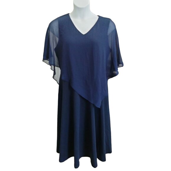 Elegant Navy Blue Chiffon Cape Overlay Dress Asymmetrical Sheath Design Size 2XL - Picture 3 of 9